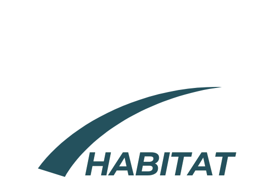 Logo of KIND Habitat with a white house outline and blue swoosh on a green background